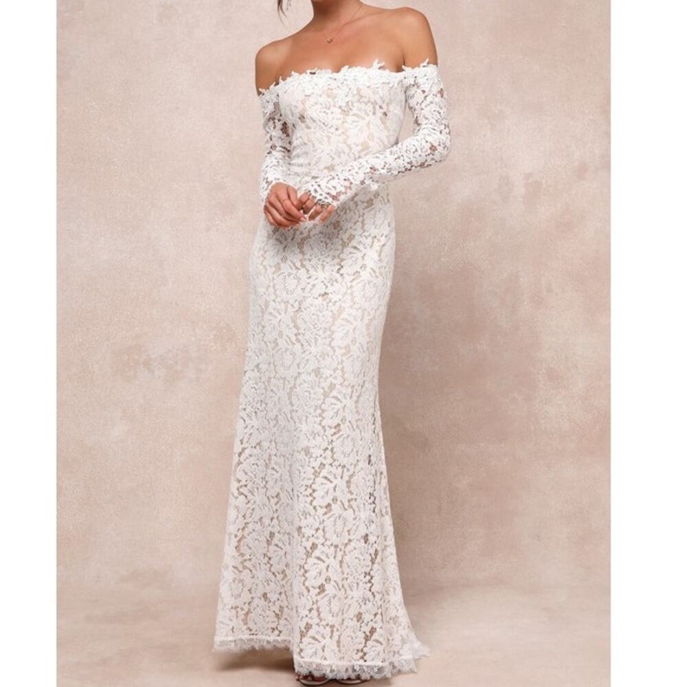 LULU'S XL White Romance Dreamer Lace Off-the-Shoulder Boho Wedding Dress 0b8